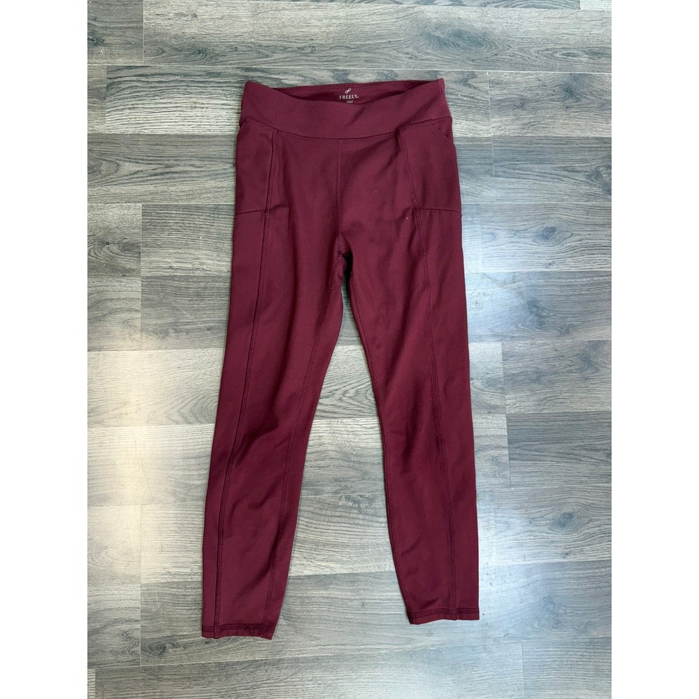 Freely Girls XL Burgundy Active Leggings Side Pockets Ribbed Waist Maroon Tights
